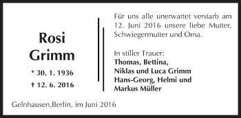 Traueranzeige von Rosi Grimm von  Gelnhäuser Tageblatt