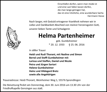 Traueranzeige von Helma Partenheimer von Trauerportal Rhein Main Presse