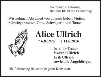 Traueranzeige von Alice Ullrich von Trauerportal Rhein Main Presse