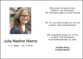 Traueranzeige von Julia Nadine Niems von Trauerportal Echo Online