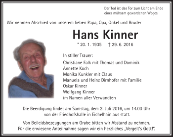 Traueranzeige von Hans Kinner von VRM Trauer