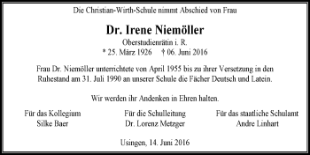 Traueranzeige von Irene Niemöller von  Usinger Anzeiger