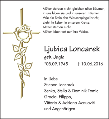 Traueranzeige von Ljubica Loncarek von Trauerportal Echo Online