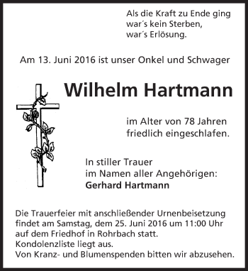 Traueranzeige von Wilhelm Hartmann von Trauerportal Echo Online