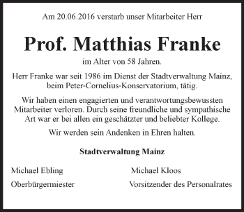 Traueranzeige von Matthias Franke von Trauerportal Rhein Main Presse