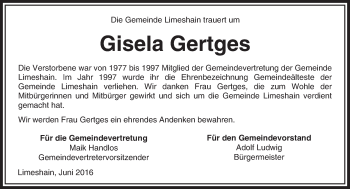 Traueranzeige von Gisela Gertges von  Kreisanzeiger