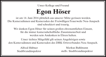 Traueranzeige von Egon Höser von  Usinger Anzeiger Traueranzeige von Egon Höser von  Usinger Anzeiger