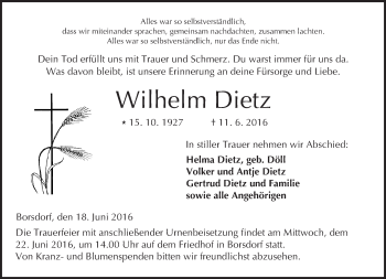Traueranzeige von Wilhelm Dietz von  Kreisanzeiger