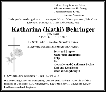 Traueranzeige von Katharina Behringer von  Wormser Zeitung
