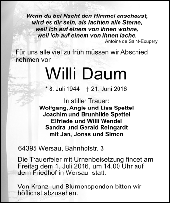 Traueranzeige von Willi Daum von Trauerportal Echo Online