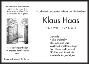 Traueranzeige von Klaus Haas von  Kreisanzeiger