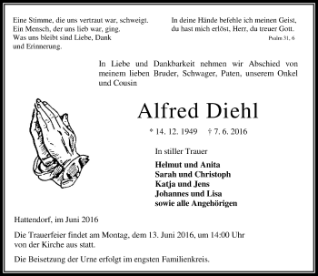 Traueranzeige von Alfred Diehl von VRM Trauer