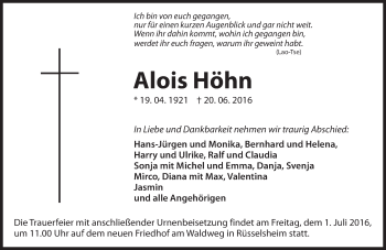Traueranzeige von Alois Höhn von Trauerportal Rhein Main Presse