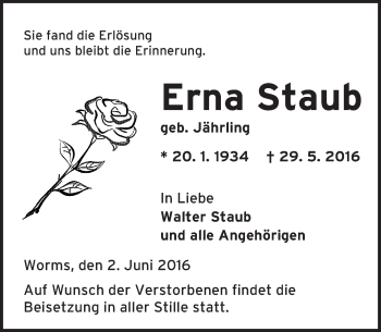 Traueranzeige von Erna Staub von  Wormser Zeitung