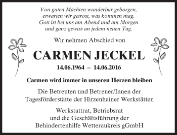 Traueranzeige von Carmen Jeckel von  Kreisanzeiger