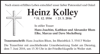 Traueranzeige von Heinz Kolley von  Allgemeine  Zeitung Ingelheim-Bingen