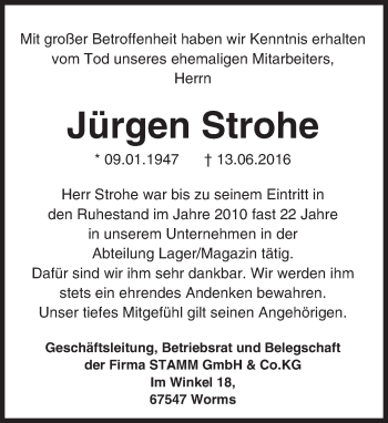 Traueranzeige von Jürgen Strohe von Trauerportal Rhein Main Presse
