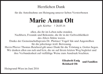 Traueranzeige von Marie Anna Olt von Trauerportal Echo Online