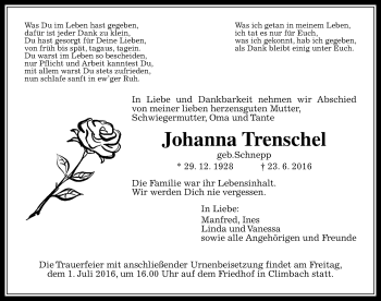 Traueranzeige von Johanna Trenschel von  Gießener Anzeiger