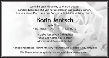 Traueranzeige von Karin Jentsch von  Usinger Anzeiger Traueranzeige von Karin Jentsch von  Usinger Anzeiger