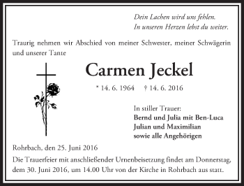 Traueranzeige von Carmen Jeckel von  Kreisanzeiger