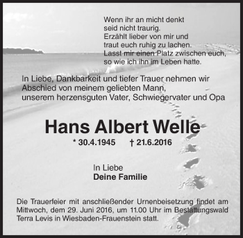 Traueranzeige von Hans Albert Well von Trauerportal Rhein Main Presse