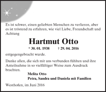 Traueranzeige von Hartmut Otto von  Wormser Zeitung