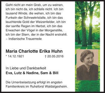 Traueranzeige von Maria Charlotte Erika Huhn von  Allgemeine  Zeitung Ingelheim-Bingen