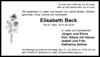 Traueranzeige von Elisabeth Beck von Trauerportal Echo Online