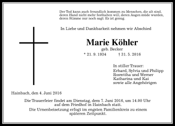 Traueranzeige von Marie Köhler von VRM Trauer
