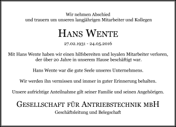 Traueranzeige von Hans Wente von  Wiesbaden komplett