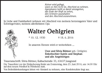 Traueranzeige von Walter Oehlgrien von Trauerportal Rhein Main Presse