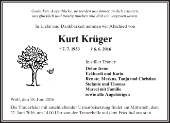 Traueranzeige von Kurt Krüger von  Kreisanzeiger