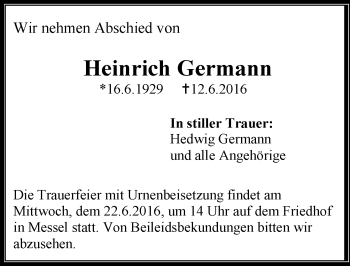 Traueranzeige von Heinrich Germann von Trauerportal Echo Online