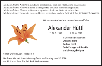 Traueranzeige von Alexander Hüttl von Trauerportal Echo Online