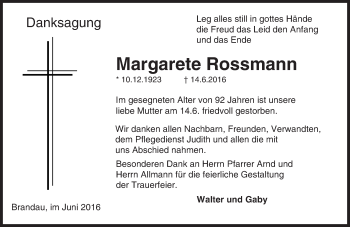 Traueranzeige von Margarete Rossmann von Trauerportal Echo Online