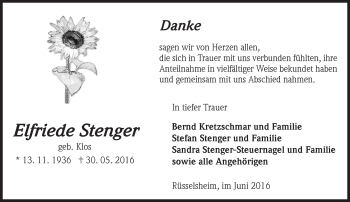 Traueranzeige von Elfriede Stenger von  Mainspitze