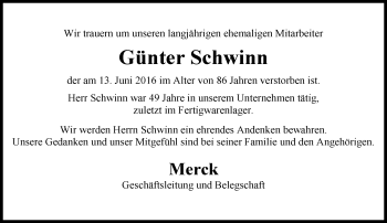 Traueranzeige von Günter Schwinn von Trauerportal Echo Online