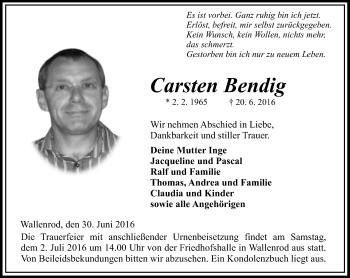 Traueranzeige von Carsten Bendig von VRM Trauer
