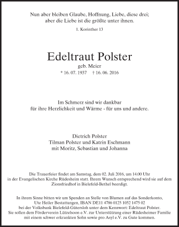 Traueranzeige von Edeltraut Polster von Trauerportal Rhein Main Presse