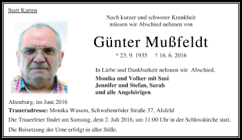 Traueranzeige von Günter Mußfeldt von VRM Trauer