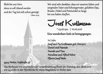 Traueranzeige von Josef Krollmann von Trauerportal Rhein Main Presse