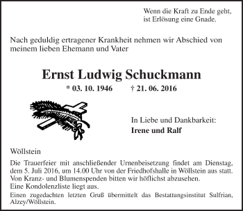 Traueranzeige von Ernst Ludwig Schuckmann von Trauerportal Rhein Main Presse