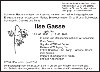 Traueranzeige von Ilse Gasse von Trauerportal Rhein Main Presse