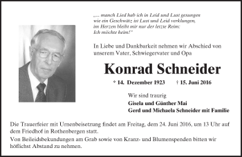 Traueranzeige von Konrad Schneider von  Gelnhäuser Tageblatt