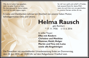 Traueranzeige von Helma Rausch von VRM Trauer