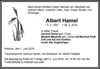 Traueranzeige von Albert Hamel von VRM Trauer