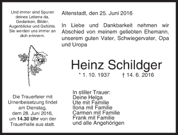 Traueranzeige von Heinz Schildger von  Kreisanzeiger