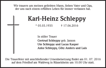 Traueranzeige von Karl-Heinz Schleppy von Trauerportal Rhein Main Presse