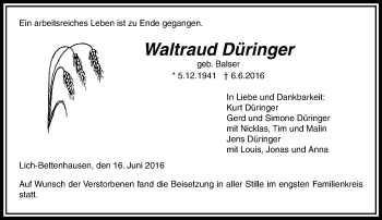 Traueranzeige von Waltraud Düringer von  Gießener Anzeiger
